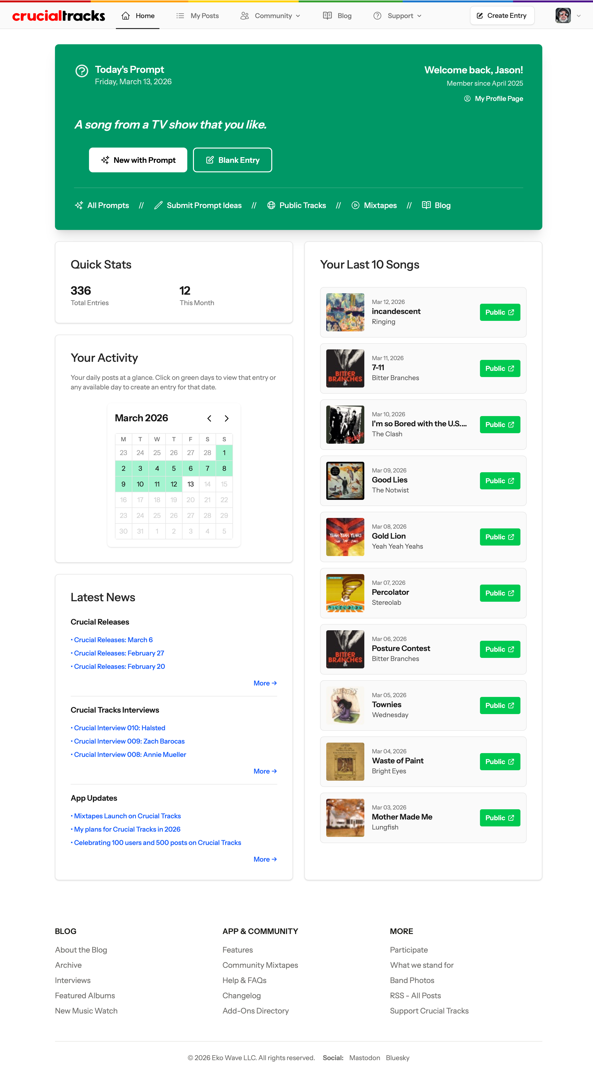 The Crucial Tracks dashboard showing daily prompt, your latest entries and more.