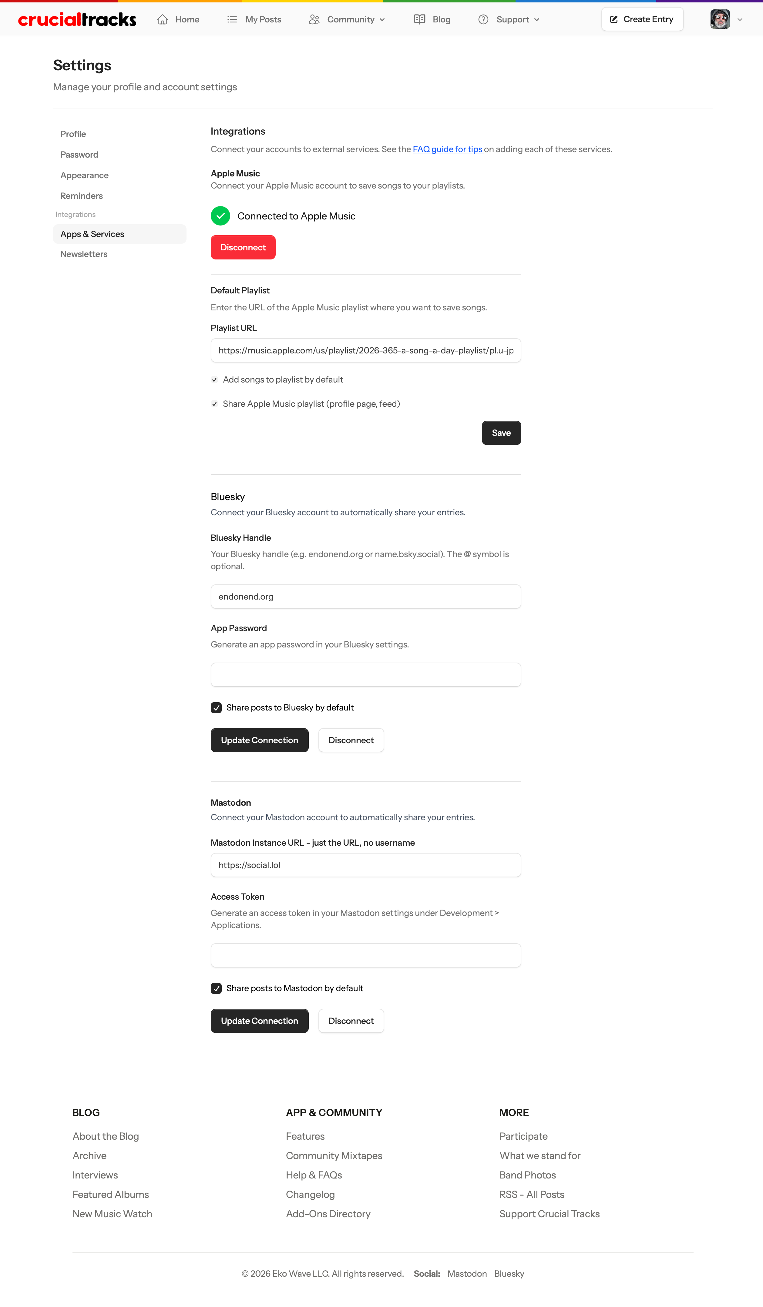 Integrate Apple Music, Bluesky, and Mastodon.