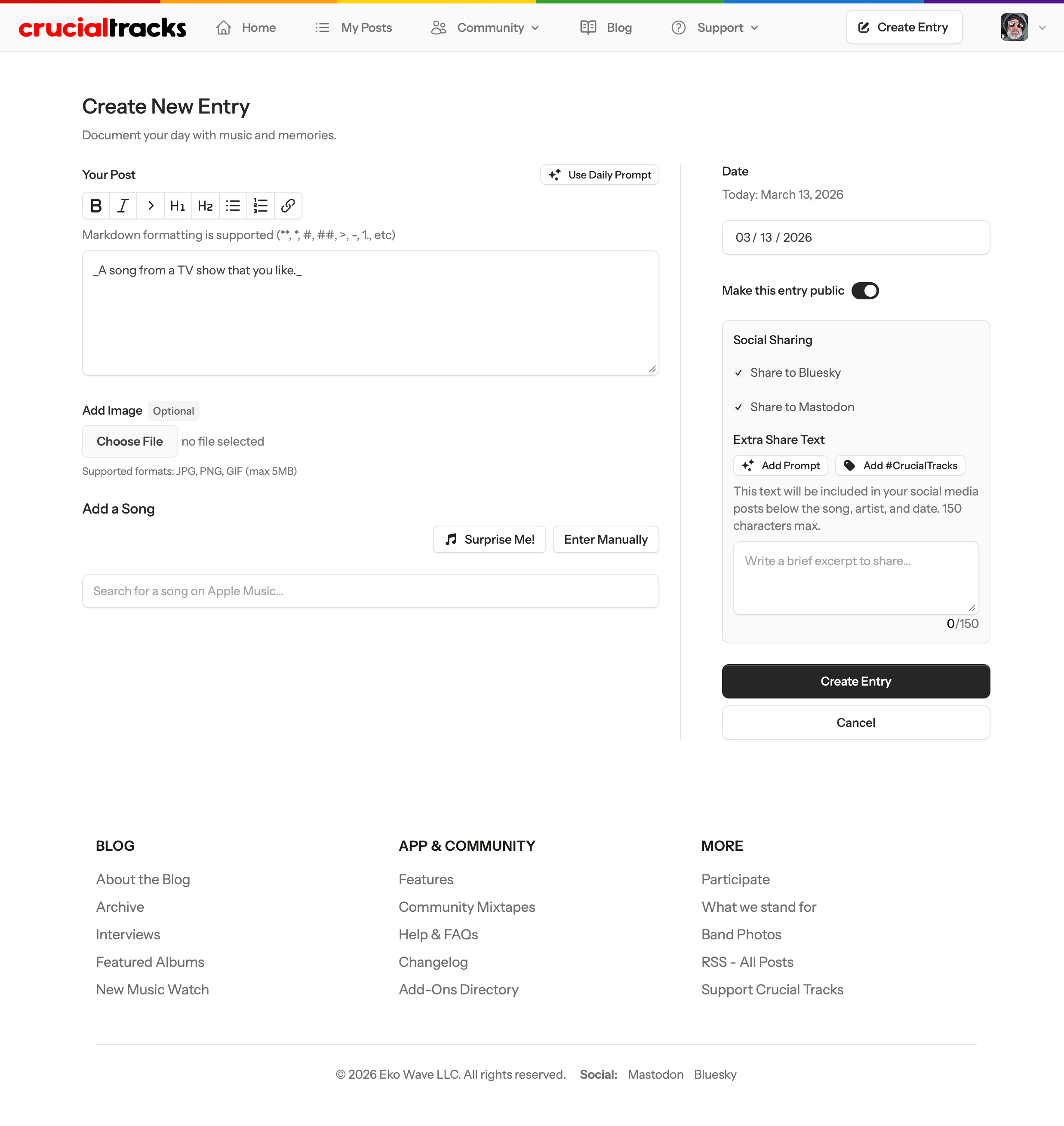 Create and share your posts with the entry editor — markdown support and Apple Music integration included.